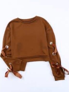 Crop Sweatshirt with Ribbon Tie Sleeves - Brown